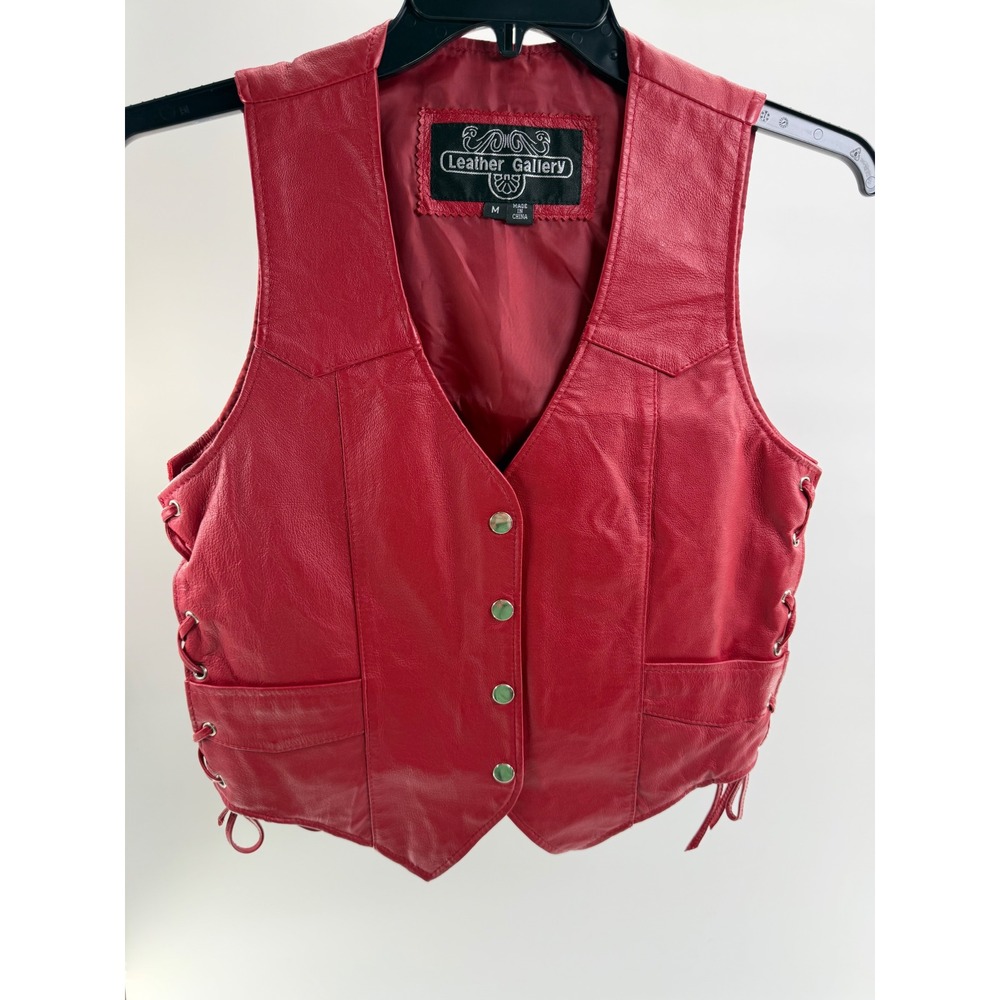 Leather Gallery Red Genuine Leather Biker Vest Side Lace Up Snap Front Womens M